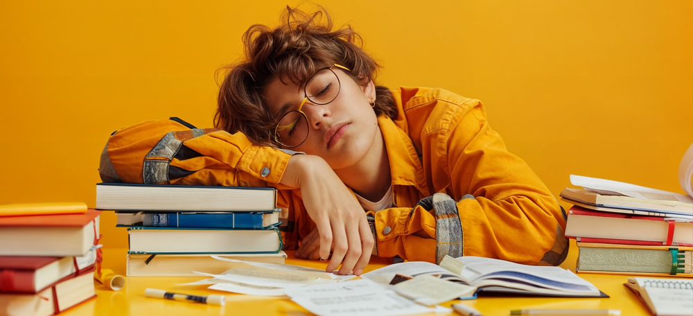Girl fallen asleep on her books